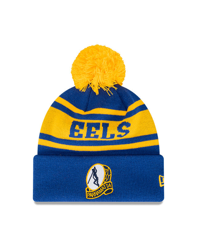 Parramatta Eels Beanie - 2024 NRL Blue Retro Spellout Pom Knit - New Era